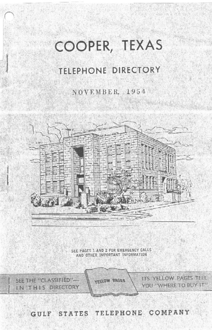 Front Cover of the 1954 Cooper, Texas Telephone Directory