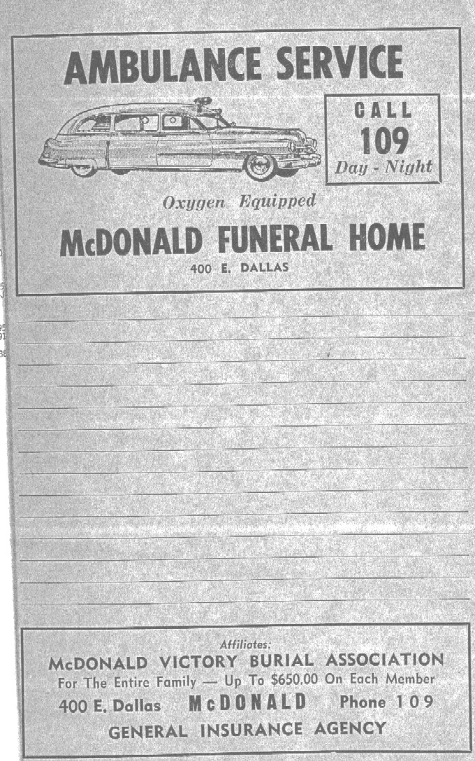 Advertisement for McDonald Funeral Home